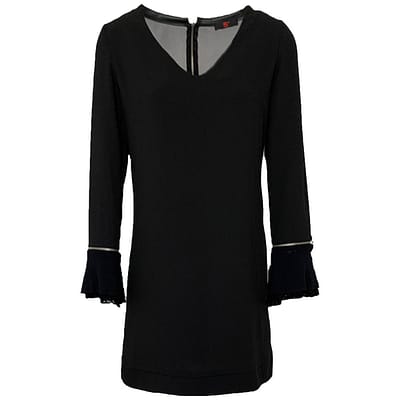 S' • zwarte jurk met V-hals, gaas en zilveren ritsen