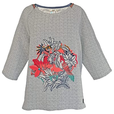 Dame Blanche • grijze trui met bloemen en vogels
