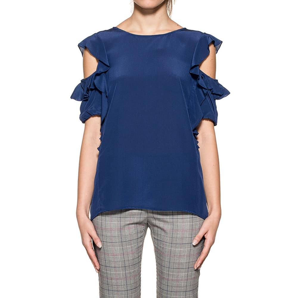 Pinko • blauwe zijden top Coronet met ruches