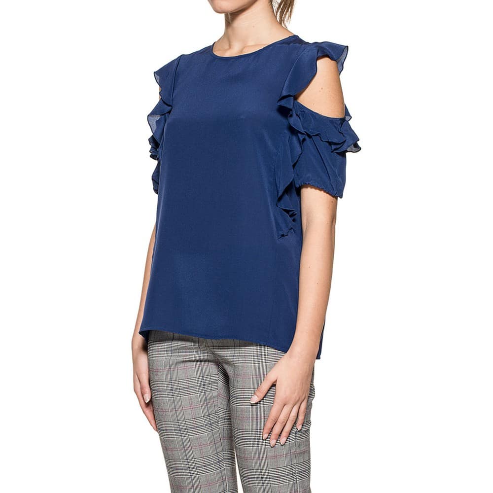 Pinko • blauwe zijden top Coronet met ruches