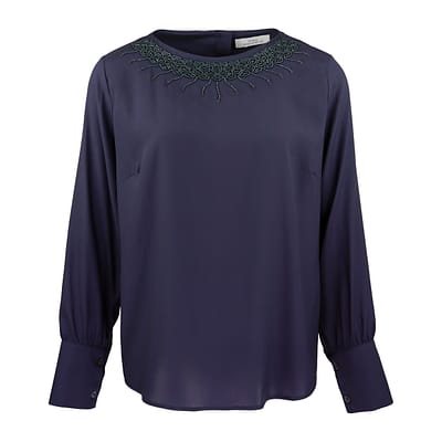 Max Volmáry • donkerblauwe zijden blouse met kralen