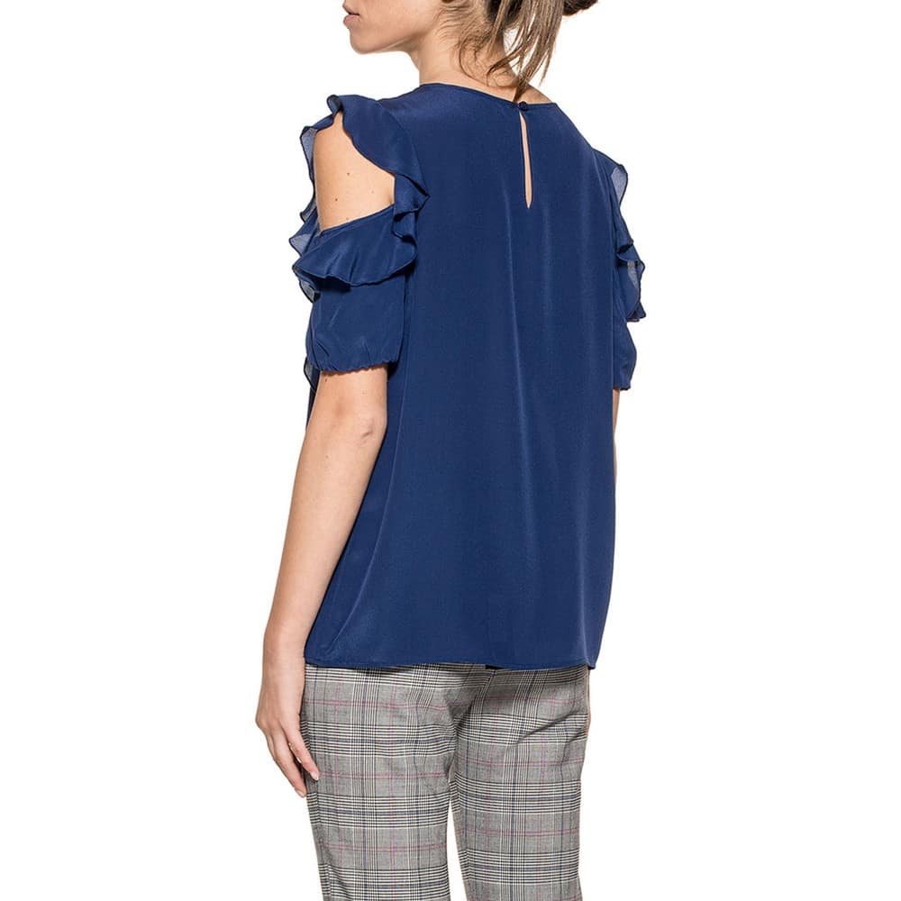 Pinko • blauwe zijden top Coronet met ruches